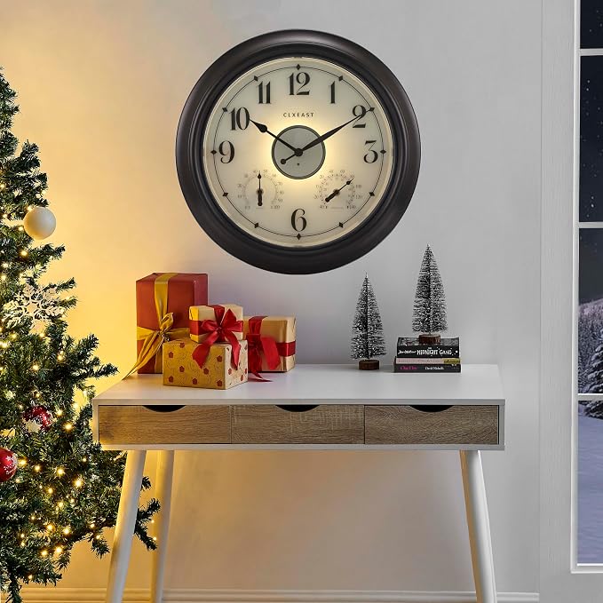CLXEAST Illuminated Indoor Outdoor Clocks Waterproof 18 inch with Smart Night Light Sensor,Large Wall Clock with Thermometer & Hygrometer,Oil Rubbed Bronze Black