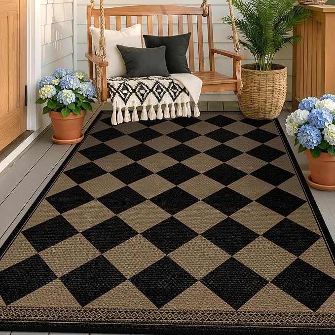 Black & Brown Checkered Easy Jute Outdoor Rug 4x6 for Porch Patio, Washable Non-Slip Diamond Checkerboard Entryway Office and Backyard Boho Border Rug, Farmhouse Low Pile Indoor Carpet for Living Room