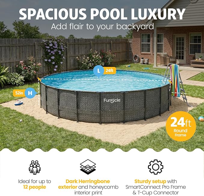 Funsicle Oasis Designer 24' x 52" Round Above Ground Swimming Pool, with 12" Sand Filter Pump, Ladder, Maintenance Kit, Cover, Ground Cloth & Repair Patch, Dark Herringbone | With 12" Sand Filter Pump, Ladder, Maintenance Kit, Cover & Repair Patch, Dar...