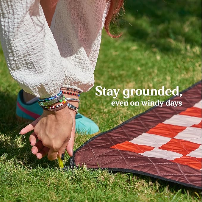Cozy Club Waterproof Picnic Blanket – Foldable Outdoor Mat 60x70 with Stakes, Pocket & Shoulder Strap | Sandproof Beach Blanket for Festivals, Camping & Travel | Self-Packing | Terracotta | US Brand