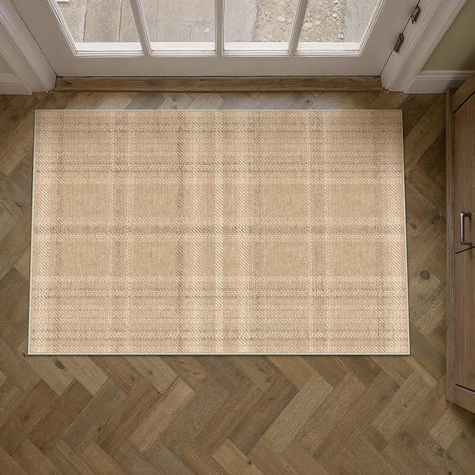 2x3 Brown Plaid Entryway Area Rug | Washable, Low Pile, Modern, Neutral, Soft, Non Slip, Small Carpet for Entrance Bathroom Bedroom Indoor Home Decor