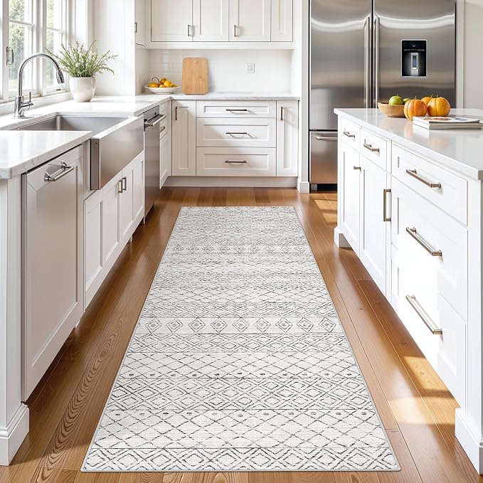 Rug Runners 2x8 for Hallway: Washable Moroccan Non Slip Rugs Geometric Grey | Kitchen Entryway Bedroom Soft Stain Resistant Easy Clean Mat for Family with Pets