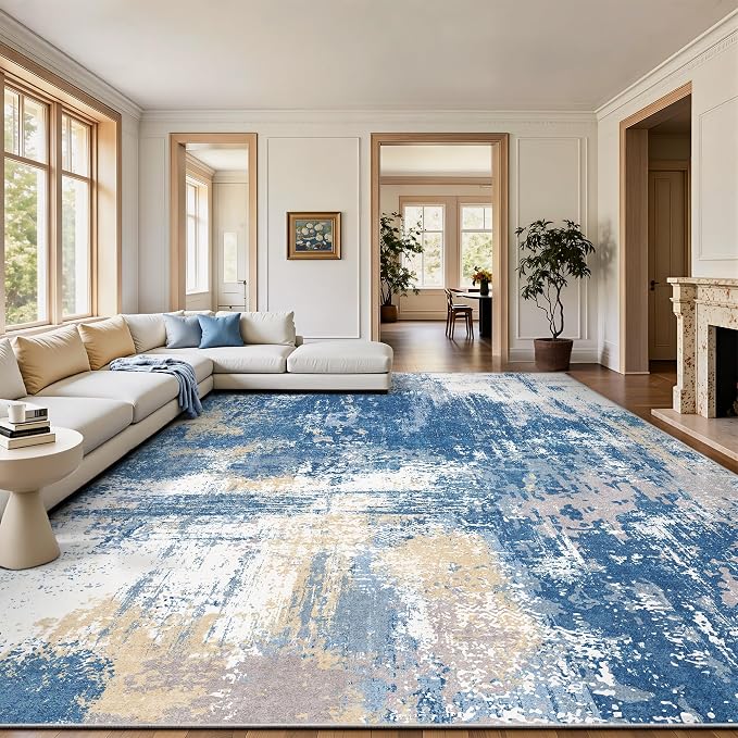8x10 Rugs for Living Room - Modern Abstract Washable Rug, Ultra Soft Non Slip Low Pile Large Rugs, Floor Carpet for Bedroom Dining Room Office Laundry Nursery Home(Blue & Beige)