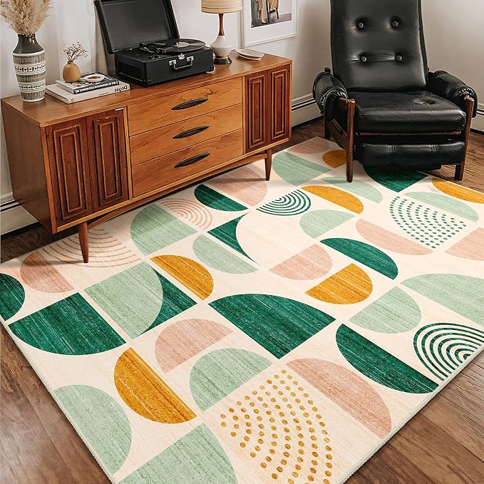 Green Rug Boho Washable,4x6.5 Area Rugs for Bedroom Entryway Living Room Bedside,Small Throw Floor Carpet Non Slip Soft Indoor Modern Abstract Sage Green