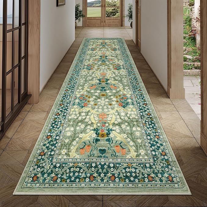 GarveeHome Floral Hallway Runner Rug Non-Slip, 2.5x10 Washable Rugs Ultra-Thin Soft Rug for Hallways, Kitchen Mat Stain Resistant Carpet for Entryway Bathroom, Sage Green