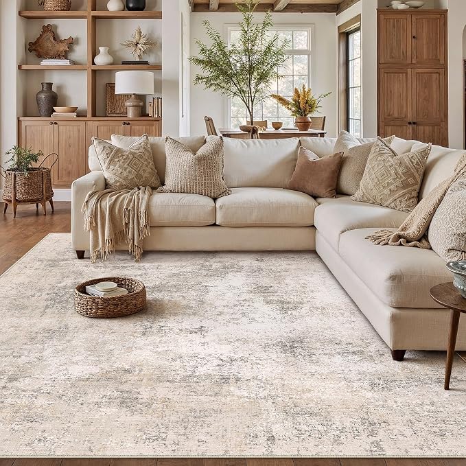 8x10 Beige Modern Abstract Washable Area Rug for Living Room | Low Pile, Non Slip, Modern Abstract Style, Soft Large Area Rug for Living Room, Bedroom, Dining Room, Office, Home Decor