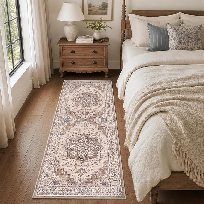 2x6 Vintage Runner Rug Low Pile Non-Slip Washable Hallway Rug | Retro Print, Non-Shedding, Soft Washable Neutral Carpet, Stain Resistant Runner, for Hallway Kitchen Bedroom Laundry Room
