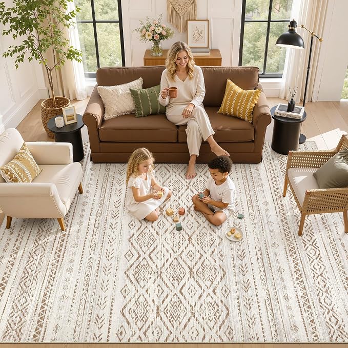 Nakagishi Area Rug Living Room Rugs: 6x9 Large Soft Machine Washable Boho Moroccan FarmNeutral Stain Resistant Indoor Floor Carpet for Bedroom Under Dining Table Home Office Decor-Brown