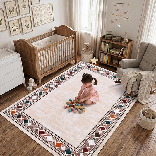 Garvee 4x6 Area Rugs Vintage Border Washable Rugs Soft Rug, Beige | Boho Area Rug Stain Resistant Easy Cleaning Throw Rugs Non Shedding Low Pile Floor Cover for Nursery Dining Room