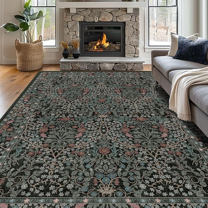 9x12 Washable Area Rugs for Living Room, Stain Resistant Vintage Rugs for Dining Room Under Kitchen Table, Bedroom, Floral Low Pile Non-Slip Large Carpet (9 x 12 Dark Green)