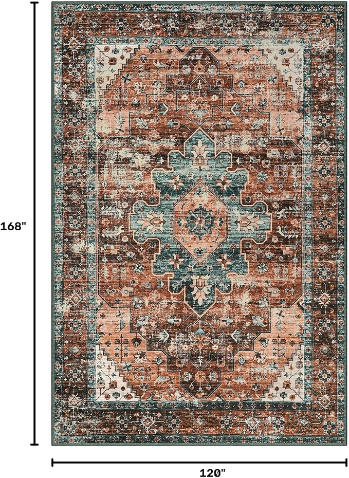 Moynesa Ultra-Thin Washable 10x14 Area Rugs for Living Room, Boho Large Living Room Rug Non Slip,Vintage Oriental Indoor Floor Carpet for Dining Room Table Dorm Home Office Decor, Brick Red