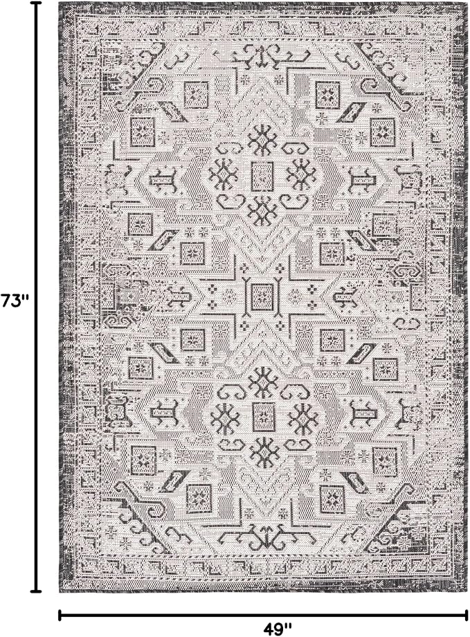 Unique Loom Outdoor Aztec Collection Area Rug - Coba (4' 1" x 6' 1" Rectangle, Charcoal Gray/ Ivory)
