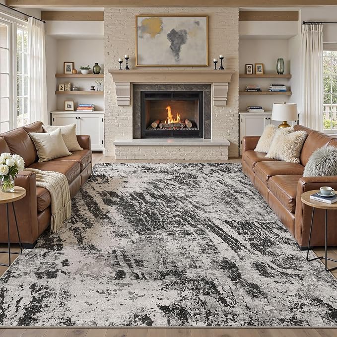 DMOYEST 8x11 Area Rug for Living Room Washable Abstract Indoor Carpet | Neutral Modern Low Pile Rugs Kid & Pet Friendly Large Soft Thin Carpet for Bedroom Dining Room and Office - Light Black