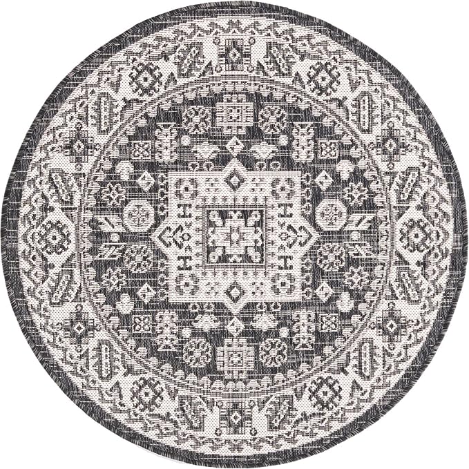 Unique Loom Outdoor Aztec Collection Area Rug - Chalca (3' 3" Round, Charcoal Gray/ Ivory)