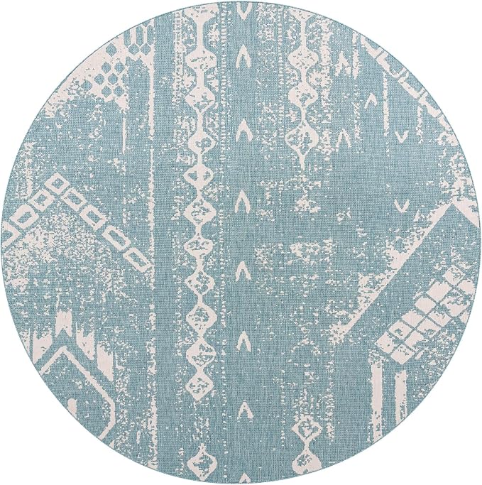 Unique Loom Outdoor Bohemian Collection Area Rug - Anthro (13' Round, Light Aqua/ Ivory)