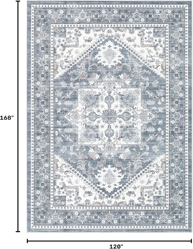 Washable Area Rug-10X14 Vintage Neutral Soft Blue | Non Slip Thin Foldable Large Floor Carpet for Living Room Bedroom Kitchen Dining Room Home Office Farmhouse Indoor