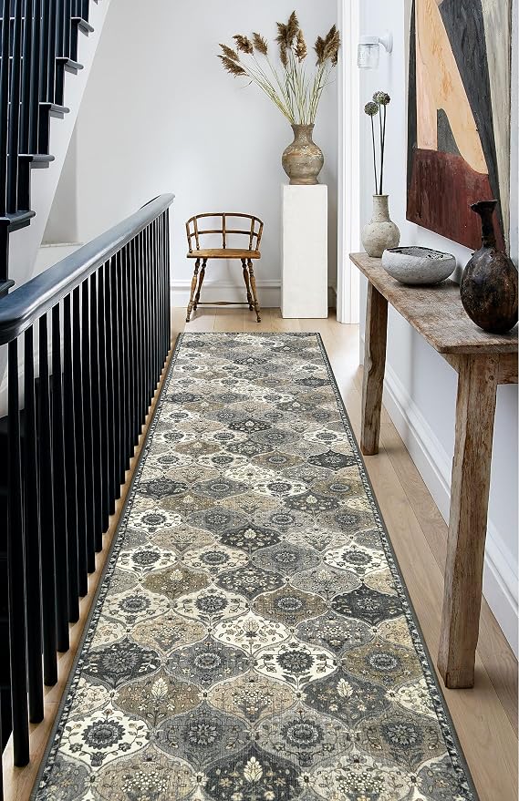 Lahome Moroccan Washable Runner Rug Non Slip, 2x10 Runner Rugs for Hallway | 2x10 Vintage Ultra-Thin Throw Long Carpet for Kitchen Entryway Bedroom Laundry Room Elise, Grey