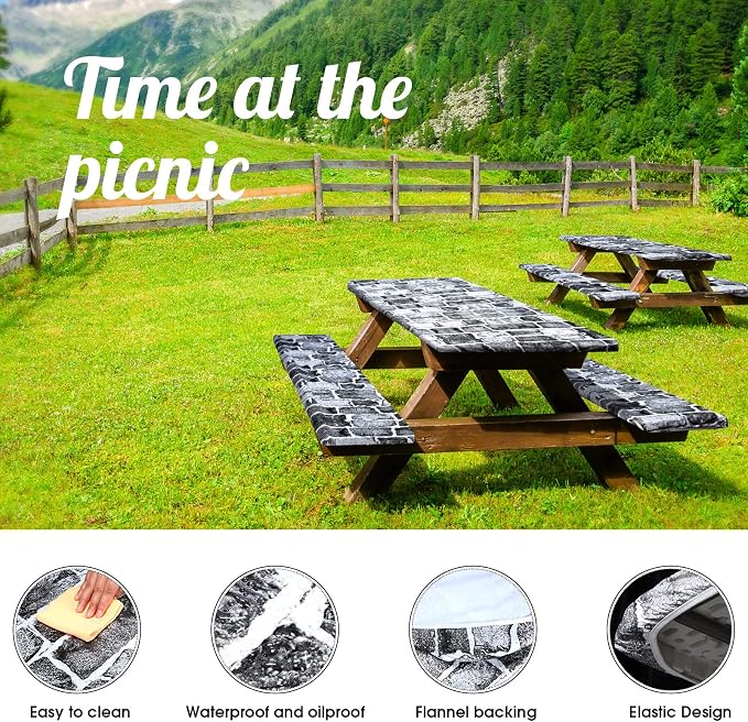 Boao 3 Pcs Vinyl Picnic Table Cover with Bench Cover 6 ft 30 x 72 Inch Waterproof Fitted Tablecloth Flannel Backing Rectangular Elastic Edged for Camping Outdoor Patio Travel(Brick)