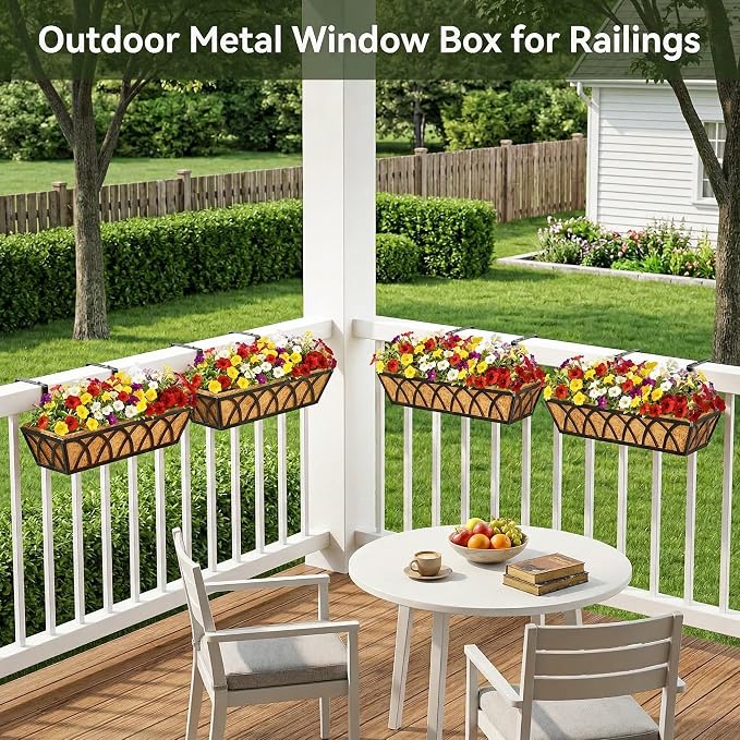 24 Inch Railing Planter Box with Coco Liner, Adjustable Metal Window Box, Hanging Flower Planter Outdoor, for Balcony Deck Fence Garden, Black, Set of 4