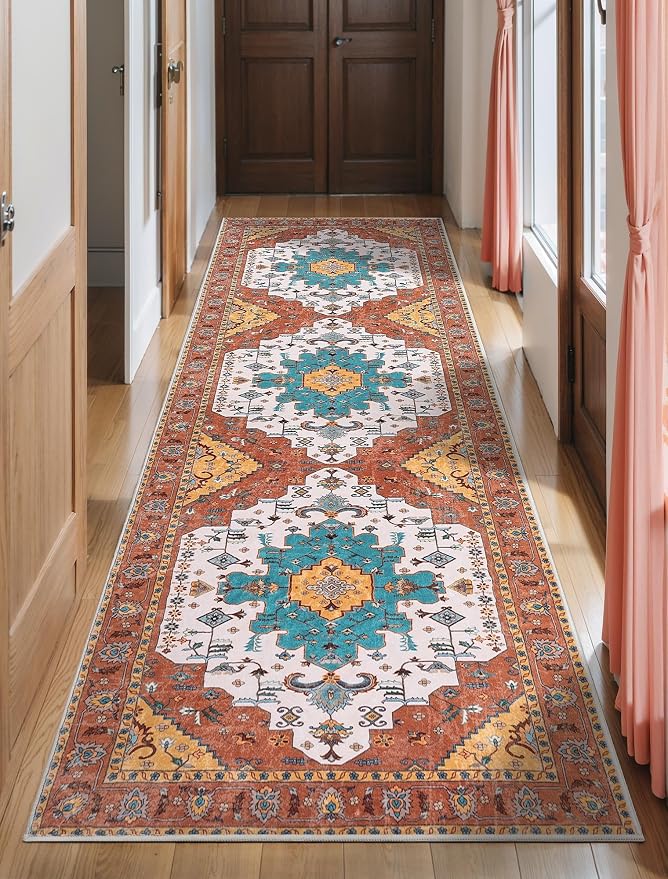 SERISSA 2'6"x8' Washable Non Slip Boho Runner Rug for Hallway，Orange | Ultra Soft Vintage Oriental Carpet Low-Pile Distressed Tribal Floor Carpet for Kitchen Bedroom Bathroom Laundry Room
