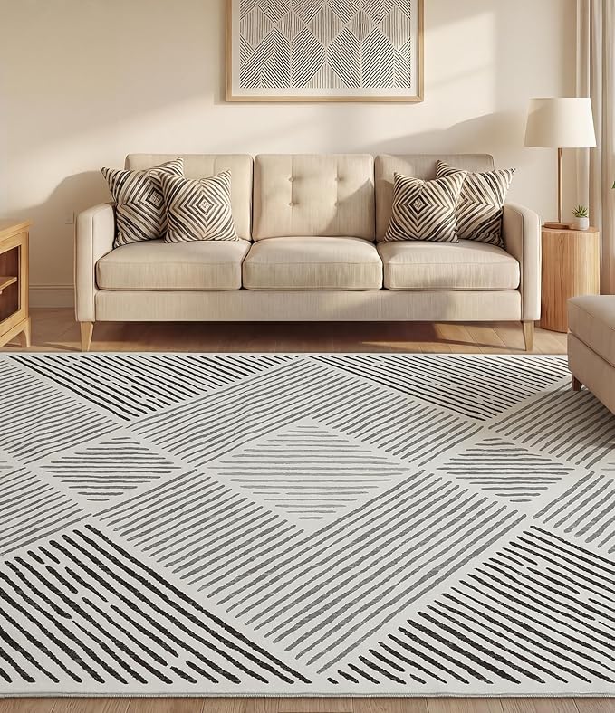 8‘x10' Washable Black and White Modern Area Rug for Living Room | Non-Slip, Low Pile, Stain Resistant, Black Geometric Stripe Large Rug for Bedroom Dining Room