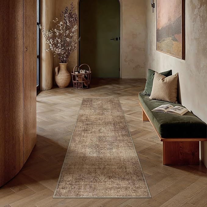 2x6 Brown Vintage Runner Rug | Washable, Non Slip, Soft Low Pile, Neutral Farmhouse, for Hallway Kitchen Laundry Bathroom Bedroom Living Room Home Decor