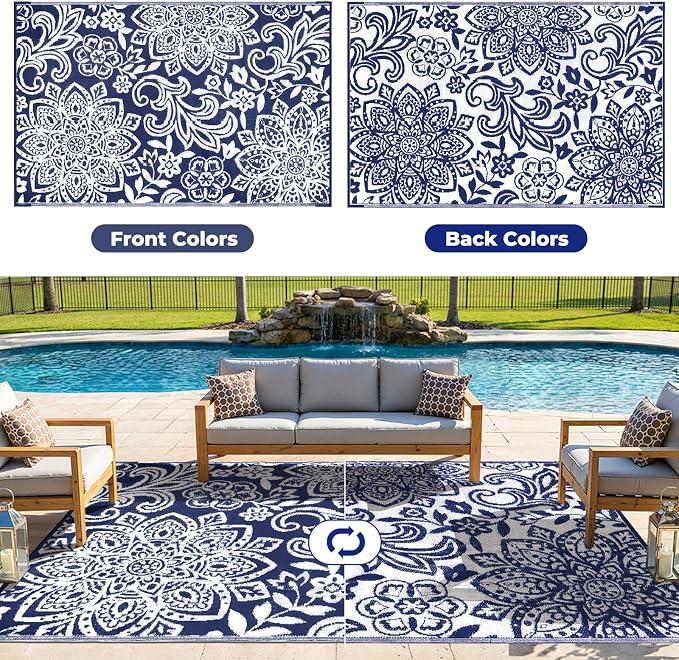 Findosom Waterproof Outdoor Rug 5' x 8' - Reversible Mandala Outdoor Plastic Straw Rug, Durable Foldable Patio Rug for RV, Deck, Balcony, Backyard, Picnic, Porch, Camping, Beach, Navy