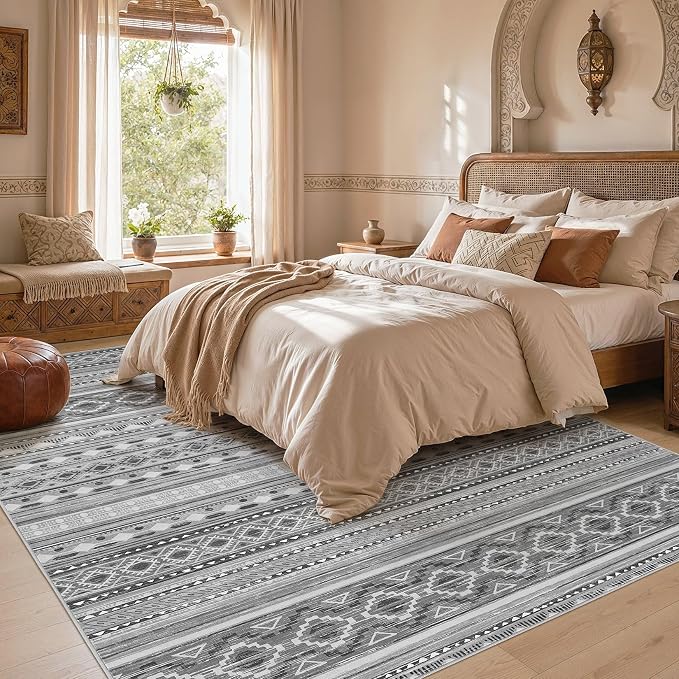 cotiled Boho 7x9 Area Rug for Living Room: Large Moroccan Washable Rug | Stain Resistan Indoor Carpet for Bedroom Dining Room Beige Grey
