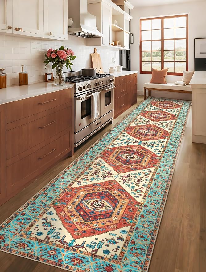 SERISSA 2'6"x14' Washable Non Slip Boho Runner Rug for Hallway，Orange | Ultra Soft Vintage Oriental Carpet Low-Pile Tribal Floor Carpet for Kitchen Bedroom Entryway Bathroom Laundry Room