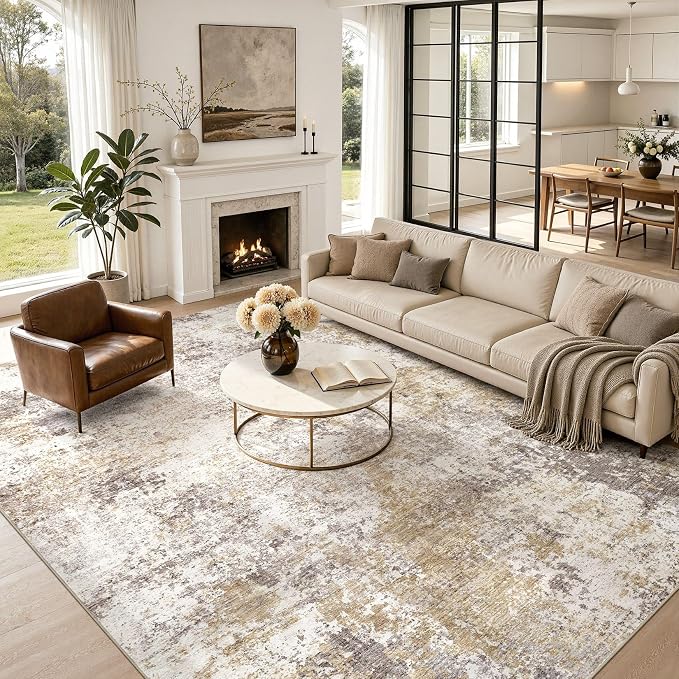 Nakagishi 8X10 Abstract Washable Area Rugs for Living Room-Golden Brown | Modern Non-Slip Silicone Backing Low Pile Soft Carpet for Bedroom Dining Decor for Families with Kids and Pets