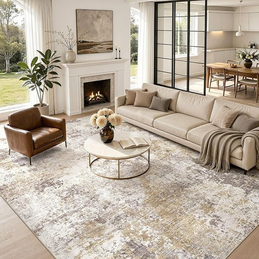 Nakagishi 9X12 Abstract Washable Area Rugs for Living Room-Golden Brown | Modern Non-Slip Silicone Backing Low Pile Soft Carpet for Bedroom Dining Decor for Families with Kids and Pets