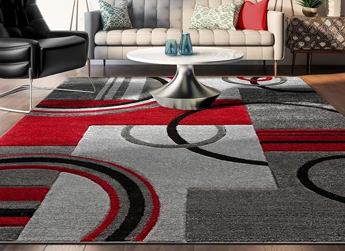 Well Woven Ruby Echo Shapes & Circles Geometric Red and Grey 3 by 5 Rug - Hand Carved Circle Pattern, Modern Contemporary Accent Carpet, Soft Durable Decorative Floor Mat, Stain Resistant Easy Care