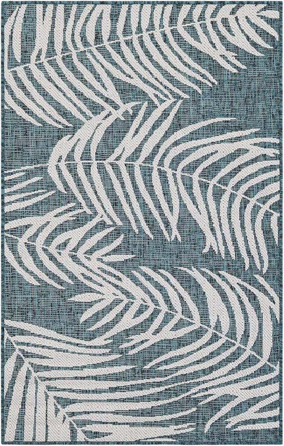 Unique Loom Outdoor Botanical Collection Area Rug - Palm (3' x 5' 1" Rectangle Teal/Ivory)