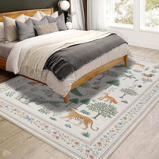 Jungle Animal Rug 3x5 Wild Zoo Animals Forest Area Rug for Entryway Living Room Machine Washable Non-Slip Printed Low-Pile Indoor Floor Carpet for Kids Room Nursery Bedroom Playroom,Beige