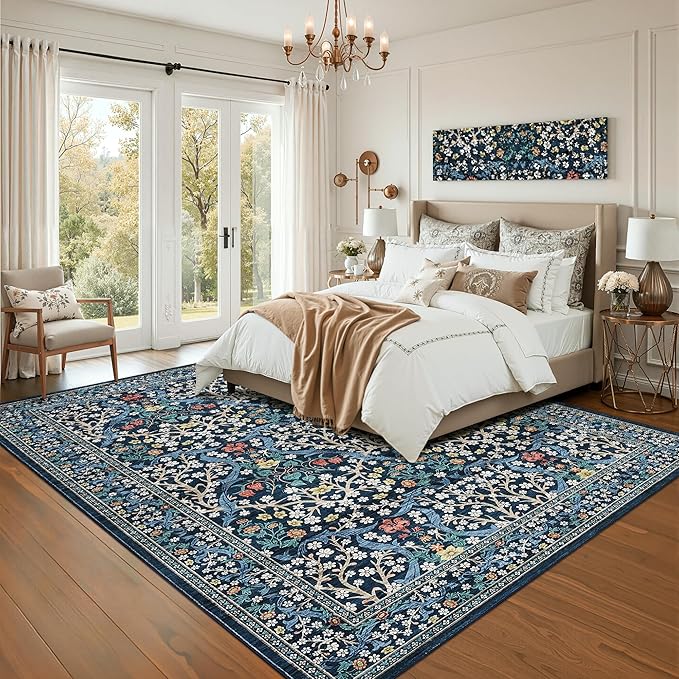 GarveeHome Blue Floral 5x7 Washable Area Rug for Living Room Bedroom | Vintage Stain Resistant Rugs for Large Room Low-Pile Non-Slip Carpet Soft Stain Resistant Botanical Boho Rug TPE Backing