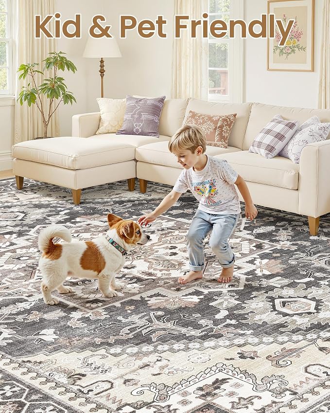 Washable Area Rug-7X9 Vintage Neutral Soft Black | Non Slip Thin Foldable Large Floor Carpet for Living Room Bedroom Kitchen Dining Room Home Office Farmhouse Indoor