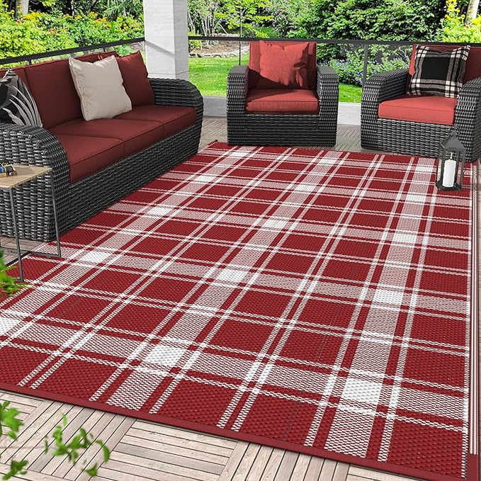 GENIMO Waterproof Outdoor Rug for Patio Clearance, 9'x12' Reversible Plastic Straw Rugs, Lightweight RV Camping Mat for Camper, Balcony, Deck, Backyard, Picnic, Red White Plaid
