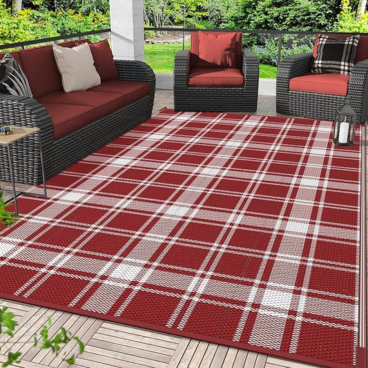GENIMO Waterproof Outdoor Rug for Patio Clearance, 9'x12' Reversible Plastic Straw Rugs, Lightweight RV Camping Mat for Camper, Balcony, Deck, Backyard, Picnic, Red White Plaid