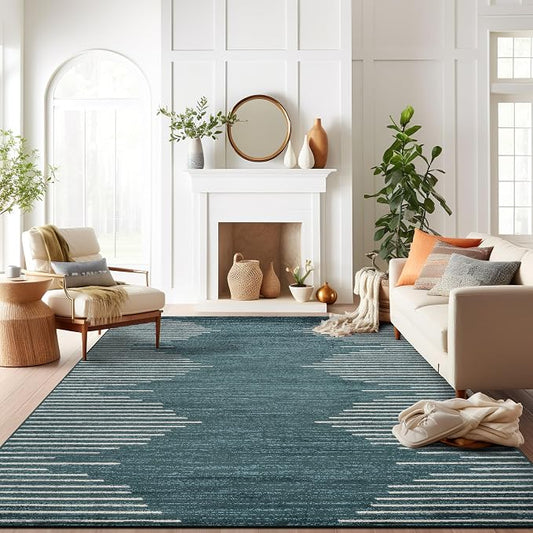 Rugshop Bohemian Stripe Stain Resistant Area Rug Teal 7'10" x 10' | High Traffic,Fade Resistant, Living Room, Bedroom, Dining Room, Home Office, Kitchen, Entryway, Hallway, Nursery,Basement