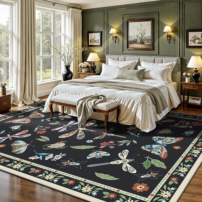 Rugs for Living Room, Insect 6x9 Washable Rug Non Slip with Rubber Back, Ultra Soft Large Area Rug for Bedroom, Dining Room, Nursery(Dark Black Butterfly)