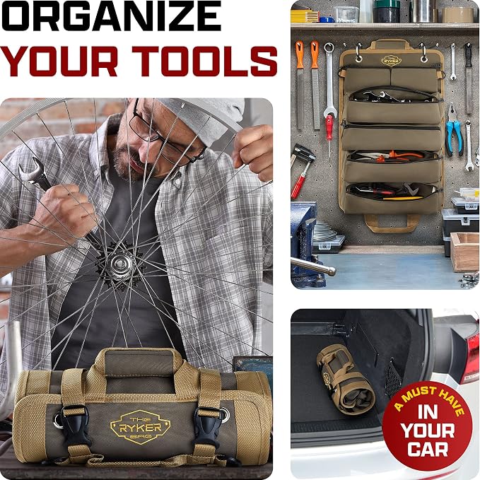 Ryker Original Heavy Duty Roll Up Tool Bag Organizer w/Detachable Pouches | Tool Roll Up Bag Dad Gifts for men / him. Portable Truck & Motorcycle accessories. Mechanic & Electrician Rollup Tools Bags