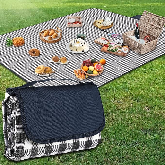 Extra Large Picnic Blanket,78” x 118” Large Camping Blanket,with Handle,Waterproof and sandproof Bottom,Machine Washable,Outdoor Foldable Hiking Blanket，Portable and Easy to Clean (Blue Grid)