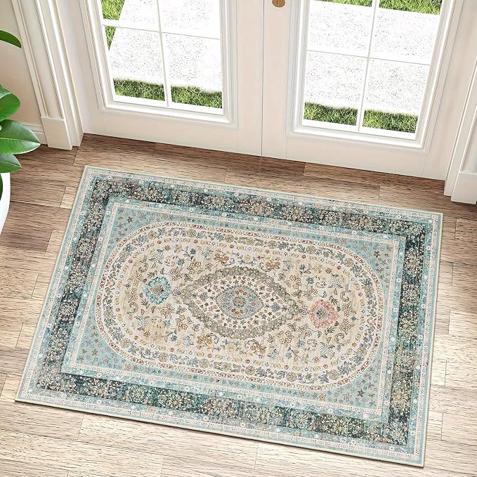 Small Rugs 2x3,Blue Rug for Entryway Bathroom Entrance Doormat | Boho Vintage Bohemian Distressed Washable Oriental Accent Floor Throw Carpet Non Slip,Floral