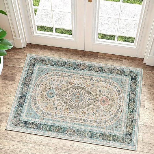Small Rugs 2x3,Blue Rug for Entryway Bathroom Entrance Doormat | Boho Vintage Bohemian Distressed Washable Oriental Accent Floor Throw Carpet Non Slip,Floral