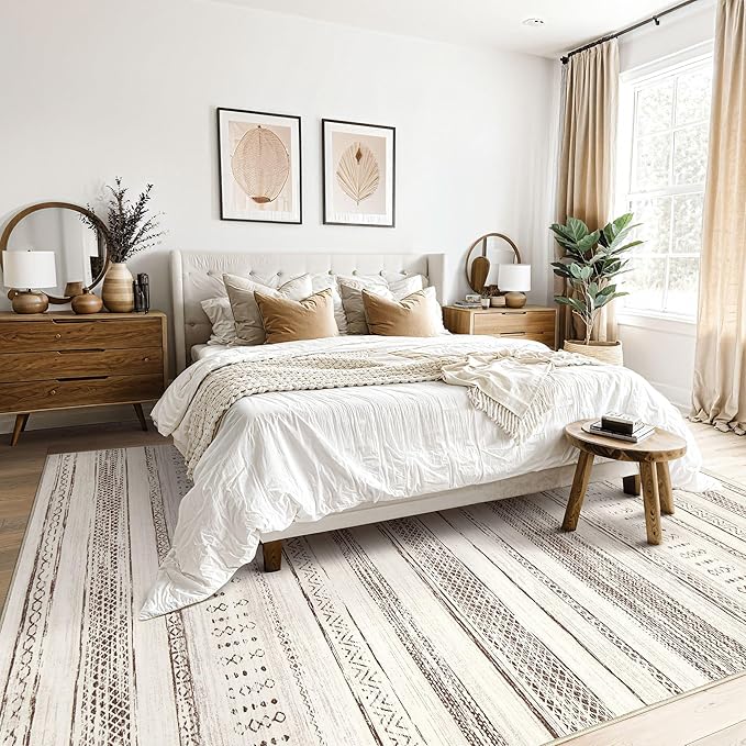 Tortania Area Rug Living Room Rugs - 8x10 Washable Large Soft Neutral Boho Moroccan Bohemian Farmhouse Rug Indoor Floor Carpet for Bedroom Under Dining Table Home Office Decor - Brown Beige