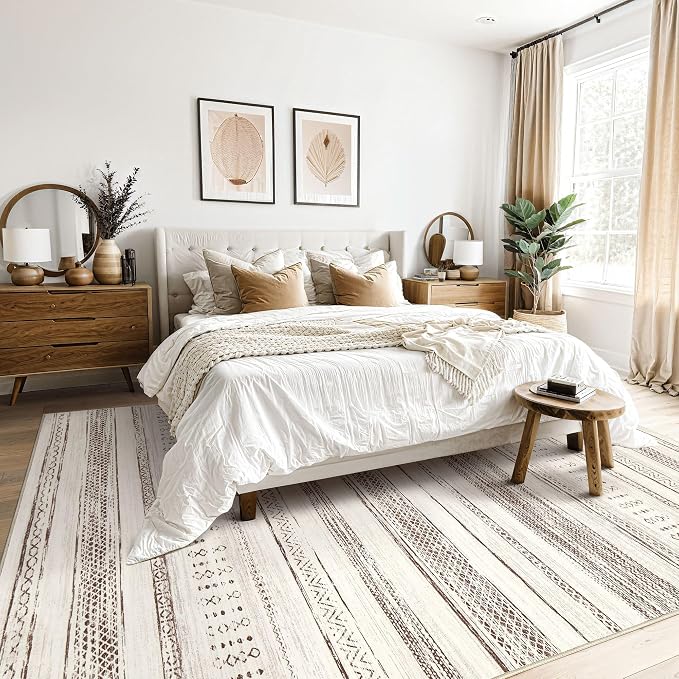 Tortania Area Rug Living Room Rugs - 9x12 Washable Large Soft Neutral Boho Moroccan Bohemian Farmhouse Rug Indoor Floor Carpet for Bedroom Under Dining Table Home Office Decor - Brown Beige