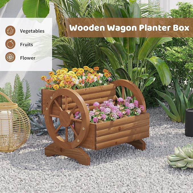 Wooden Wagon Planters for Outdoor Plants, Flower Cart, Wood Planter Boxes Outdoor, Backyard Decor, Flower Planters Outdoor with Wheels Planter for Flowers Vegetables (Brown)