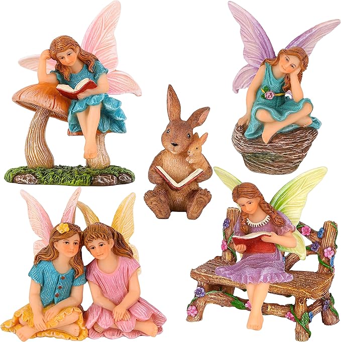 Mood Lab Fairy Garden Figurines - Reading Fairies Set (6 pcs) - Miniature Decorative Statues & Accessories - Outdoor & Indoor Garden Decor