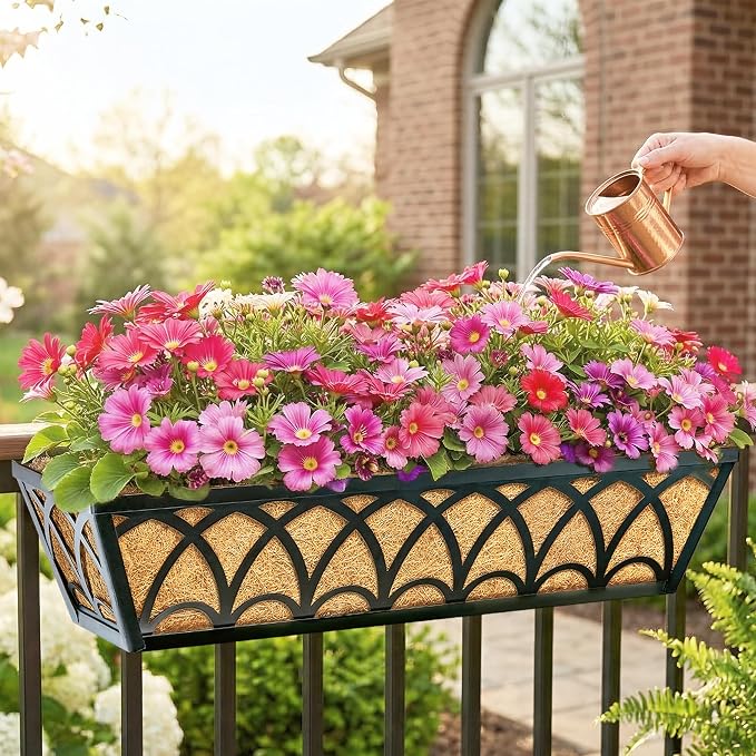 24 Inch Railing Planter Box Window Boxes Planters - 4 Pack Deck Railing Planter Boxes with Adjustable Brackets Coco Liners Balcony Planters Railing Hanging for Window Flower Boxes Outdoor Garden Decor