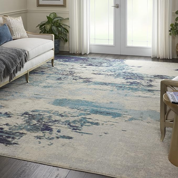 Nourison Home Celestial Modern Abstract Ivory/Teal Blue 10' x 14' Area Rug, Easy Clean, Non Shedding, Bed Room, Living Room, Dining Room, Kitchen (10x14)